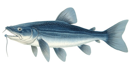 Detailed illustration of a blue fish with sharp fins swimming underwater on transparent background