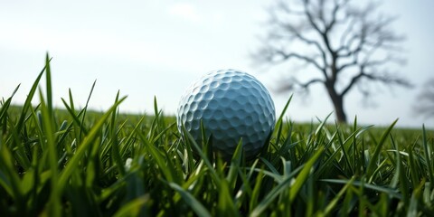Obraz premium Golf Ball Resting on Lush Green Grass with Bare Tree in Background