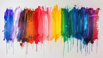 Strokes of rainbow-colored paint on a white background with dripping effects.