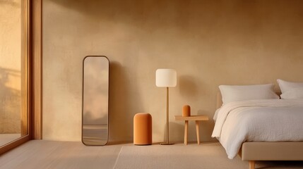 Modern minimalist bedroom with soft colors and natural light highlighting interior design elements
