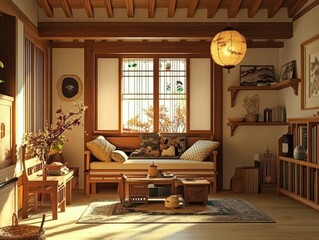 A cozy and traditional interior living room with wooden furnishings