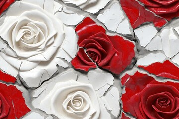 Seamless Pattern of cracked ceramic tiles with red and white roses create a contrast of fragility and beauty, highlighting texture and detail.
