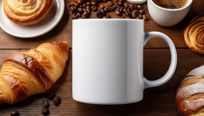 Blank White Mug Mockup on Rustic Wooden Table Surrounded by Fresh Coffee and Pastries A Cozy Cafe Scene Exuding Comfort and Warmth in a Rustic Setting, Perfect for Digital Art, Home Decor, or