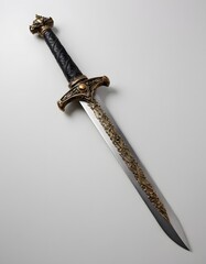 A intricately designed sword with a black hilt adorned with elaborate gold embellishments on a white background.