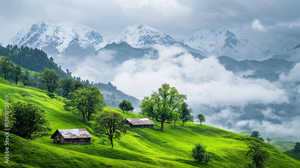 Poster a hillside full of green trees and a distant range of snowcapped mountains create a breathtaking vie
