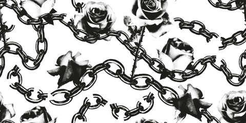 Broken chains and roses distressed monochrome seamless pattern. Trendy print with retro photocopy effect and grainy stippling texture. Grunge gothic vector illustration on transparent background