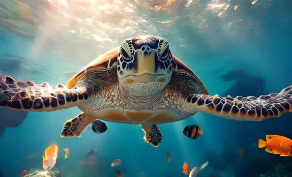 Majestic sea turtle glides through crystal-clear ocean waters, surrounded by vibrant tropical fish, celebrating the beauty and importance of marine ecosystems on world environment day