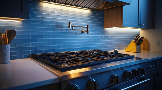 Modern Kitchen with Sleek Appliances and Stylish Blue Backsplash Under Warm Lighting