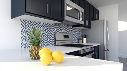 Modern Kitchen Interior Design with Fresh Fruits on a Countertop and Stylish Cabinets