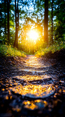 Sunlit forest path, stones glistening, nature's beauty
