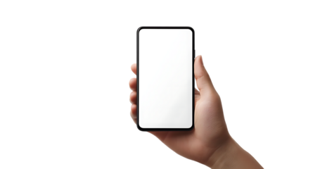Hand holding modern smartphone with blank white screen display app black on transparent background