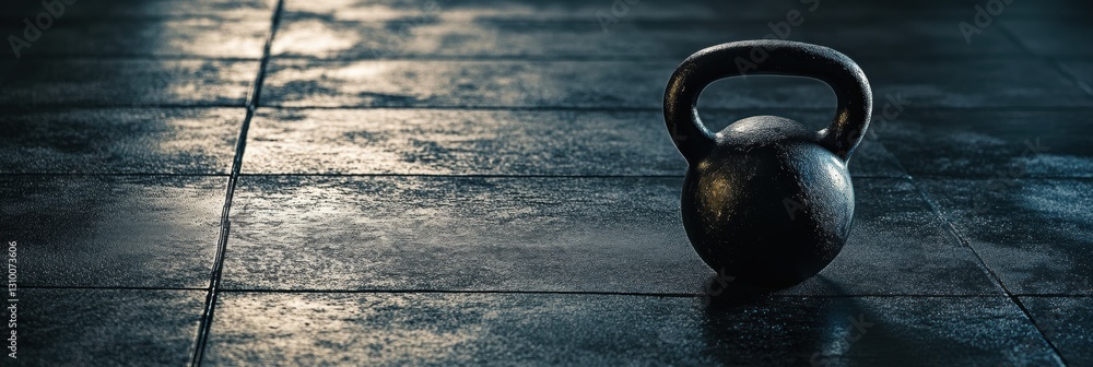 Poster kettlebell positioned on textured gym floor with soft lighting for improved contrast generative ai