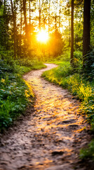 Fototapeta premium Sunlit path winding through a lush green forest at sunset
