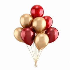 Red and gold glossy party balloons isolated on transparent white background for easy cutout