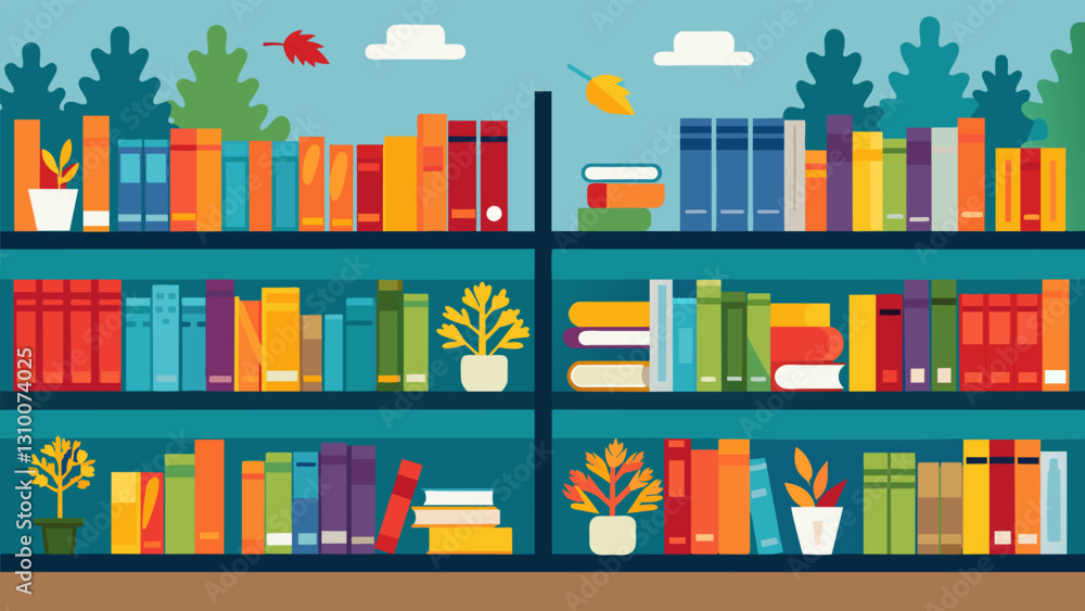 Poster rows of neatly arranged book displays in the library featuring books for different seasons and holid