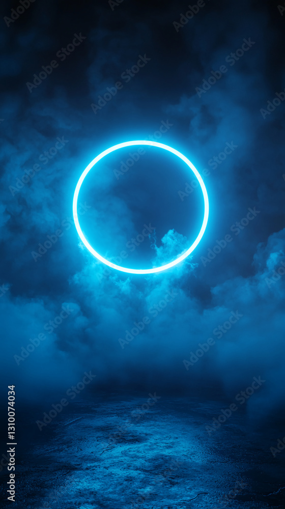 Poster blue neon circle in smoky dark background, creating a mysterious and futuristic scene, perfect for t