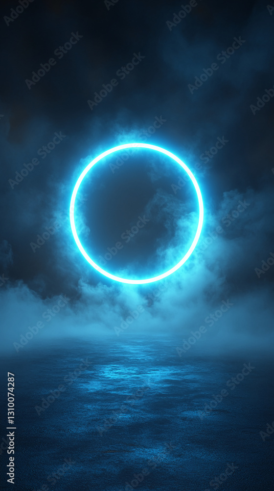 Poster glowing blue neon circle in dark smoky atmosphere above a reflective surface, creating a mysterious 