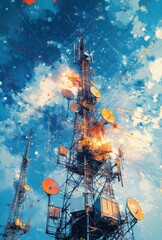 Vibrant Communication Tower Against Blue Sky with Abstract Cloud Patterns and Colorful Highlights, Showcasing Modern Telecommunication Technology