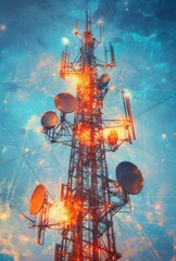 Vibrant Communication Tower at Night with Dynamic Light Effects and Starry Sky, Symbolizing Modern Technology and Connectivity in Digital Era