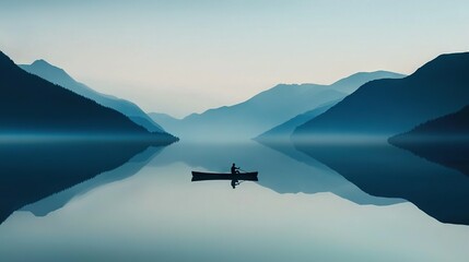   Person in boat on water with mountains and foggy sky