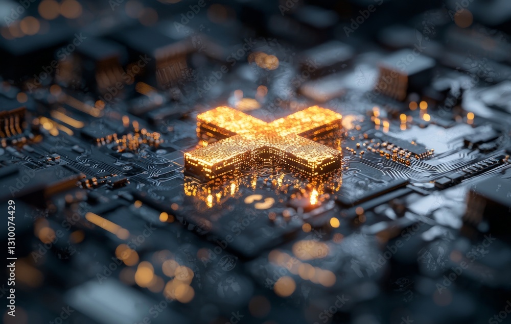 Poster a 3d illustration features a futuristic glowing cpu quantum computer processor