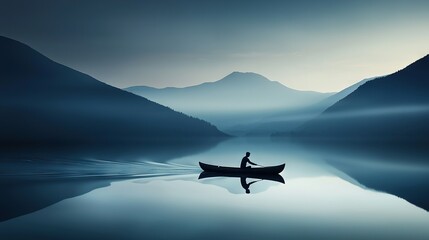   Man in boat on mountain lake with foggy sky