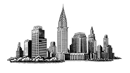 Intricate city skyline engraved illustration capturing the essence of urban architecture at twilight