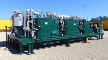 Large Industrial Skid Unit: Green Panels & Complex Piping System Against Clear Blue Sky