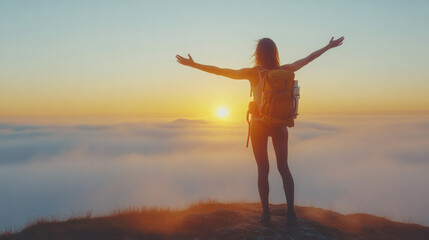Fototapeta premium Woman On Mountaintop At Sunset Over Clouds