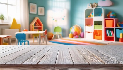 Blank Wooden Childrens Study Table, Empty Desk Surface Set Against a School Background Perfect for Digital Art, Home Decor, or Design Inspiration, Boasting a Minimalistic and Clean Aesthetic.