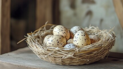 Obraz premium A rustic woven nest filled with speckled eggs, placed on a wooden surface with soft natural light.