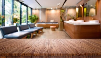 Blank Wooden Table Amidst a Blurred Spa Salon Waiting Area with Calm Serenity as the Backdrop at Dusk, Offering an Inviting Ambience for Product Display