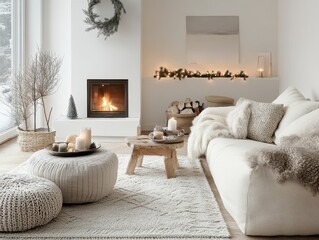 Cozy living room featuring fireplace and winter season decorations