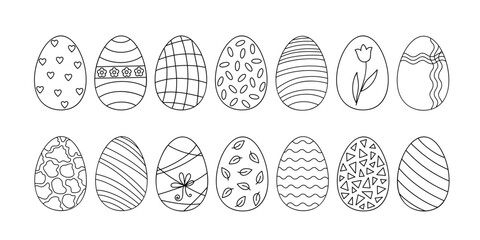 Easter holiday symbol outline decorated eggs set in simple doodle vector illustration for spring festive time decor, coloring page, greeting cards, invitations, banners, activities for children