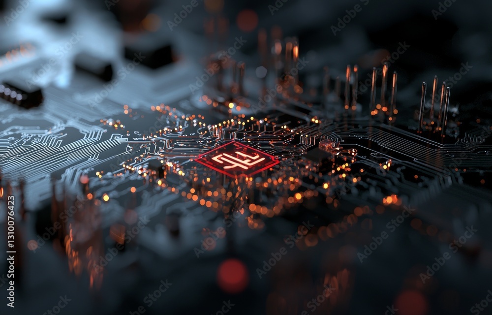 Poster concept of a futuristic cpu processor and machine learning, depicted in a 3d illustration