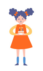 Girl in Orange Dress with Pigtails Holding Birthday Cake.