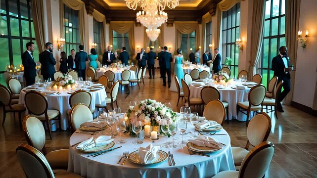 Elegant ballroom with round tables set for a luxurious wedding reception
