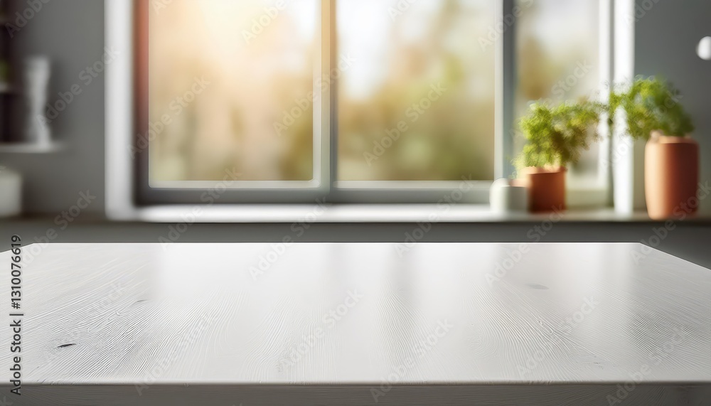 Aufkleber bleached table surface on blurred window background with copy space minimalistic interior scene in s