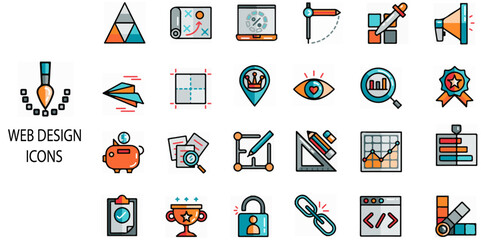 Web Design simple concept 24 colour icons set. Contains such data, big, ai, color, editable, safety, set, pictogram .Vector illustration.
