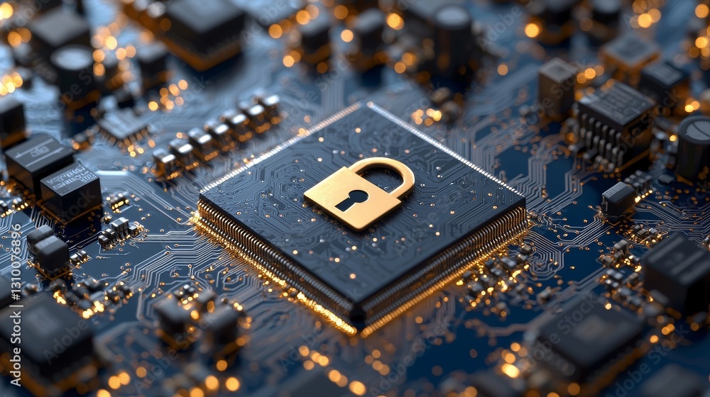 Poster a closeup of a blue circuit board connected to a cpu and secured with a padlock