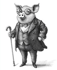 Pig Wearing Suit, Glasses, and Walking Stick - Black Vintage Engraving on White Background, Modern Retro Woodcut Style, Stylish Funny Gentlemen Pig Mascot