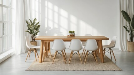 Fototapeta premium Minimalist dining room with wooden table and white chairs.