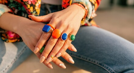 Fototapeta premium Colorful rings adorning a woman's hands, showcasing vibrant fashion accessories
