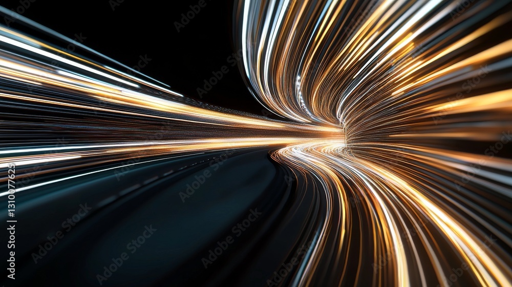 Poster a 3d rendering features an abstract, colorful neon background with a tunnel curving to the right, ac
