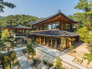 Obraz premium Elegant two story wooden home with traditional Asian architecture