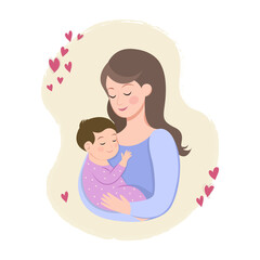 Loving mother holding her sleeping baby in arms, peaceful maternity moment, family love, warm hug, parent and child bonding illustration. Mother's Day. Family portrait illustration. mom holding baby c