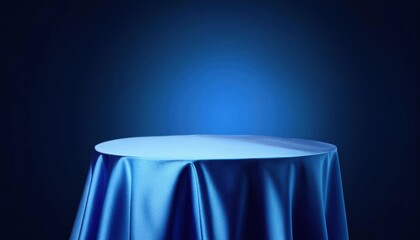 Elegant Blue SatinCovered Round Table with Dramatic Draping Against a Dark Background, Evoking a Timeless and Luxurious Atmosphere, Perfect for HighEnd Events or Design Inspiration.
