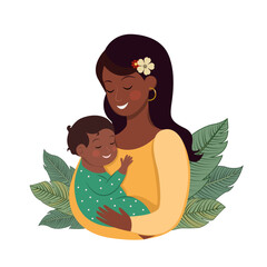 dark-skinned girl holding a baby in her arms, green tropical leaves in the background. Mother's Day card. Child protection. Emotional connection between mother and child