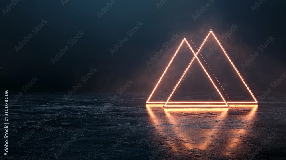 Poster a 3d rendering features an abstract background with a triangle of pink and blue glowing neon light, 