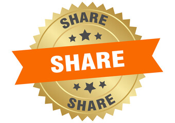 share. share round orange and gold label isolated on transparent background